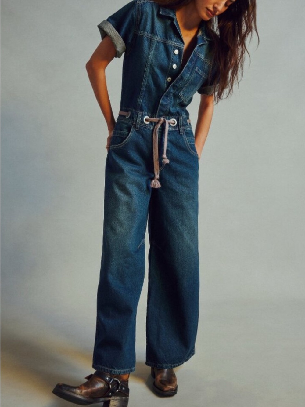 NWOT FREE PEOPLE WE THE FREE EDISON DENIM WIDE LEG COVERALL MISSING BELT